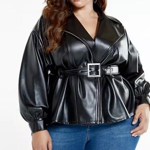 FTF Chelsea Belted Pleather Peplum Jacket - Sz 0